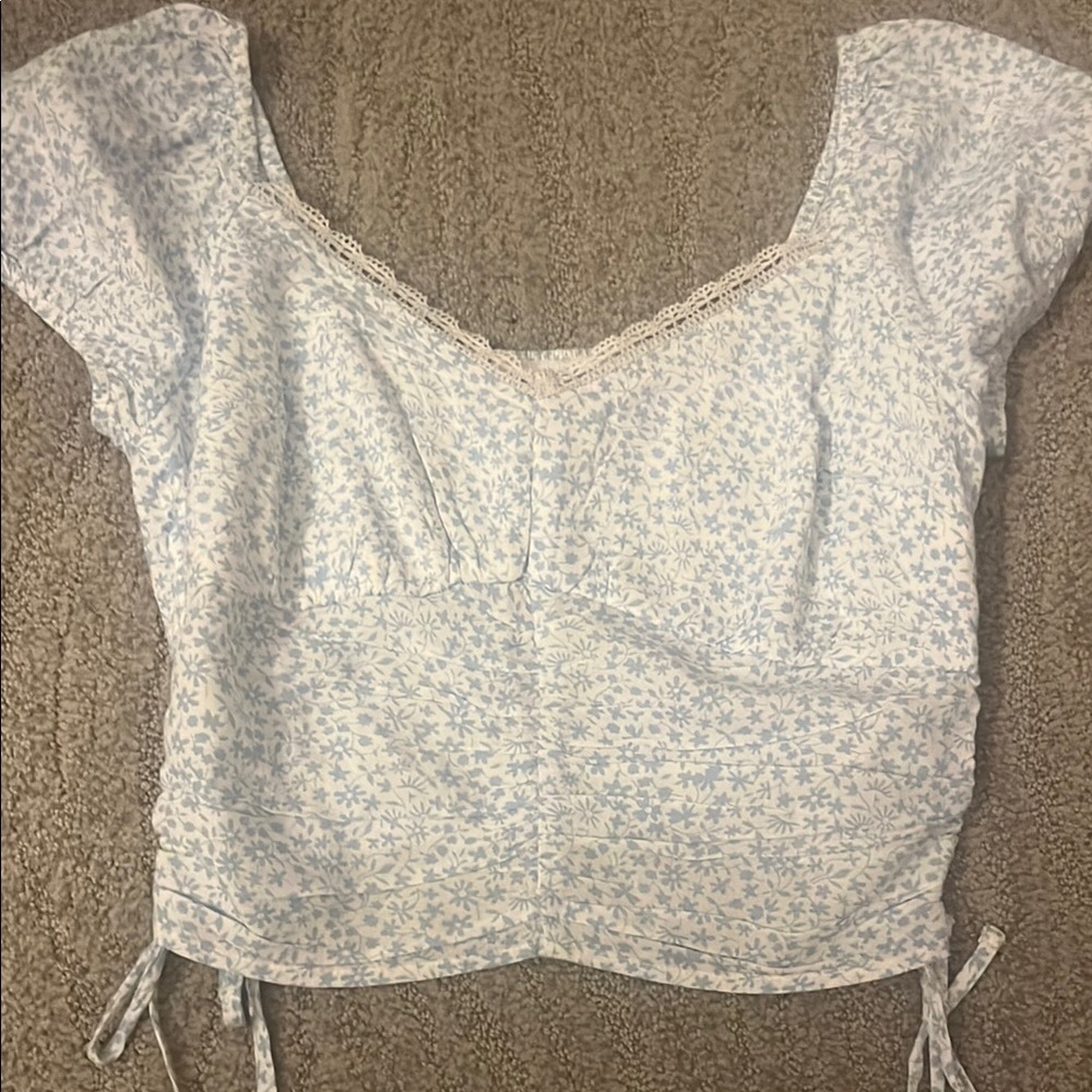 Hollister Light Blue Floral Blouse with Lace